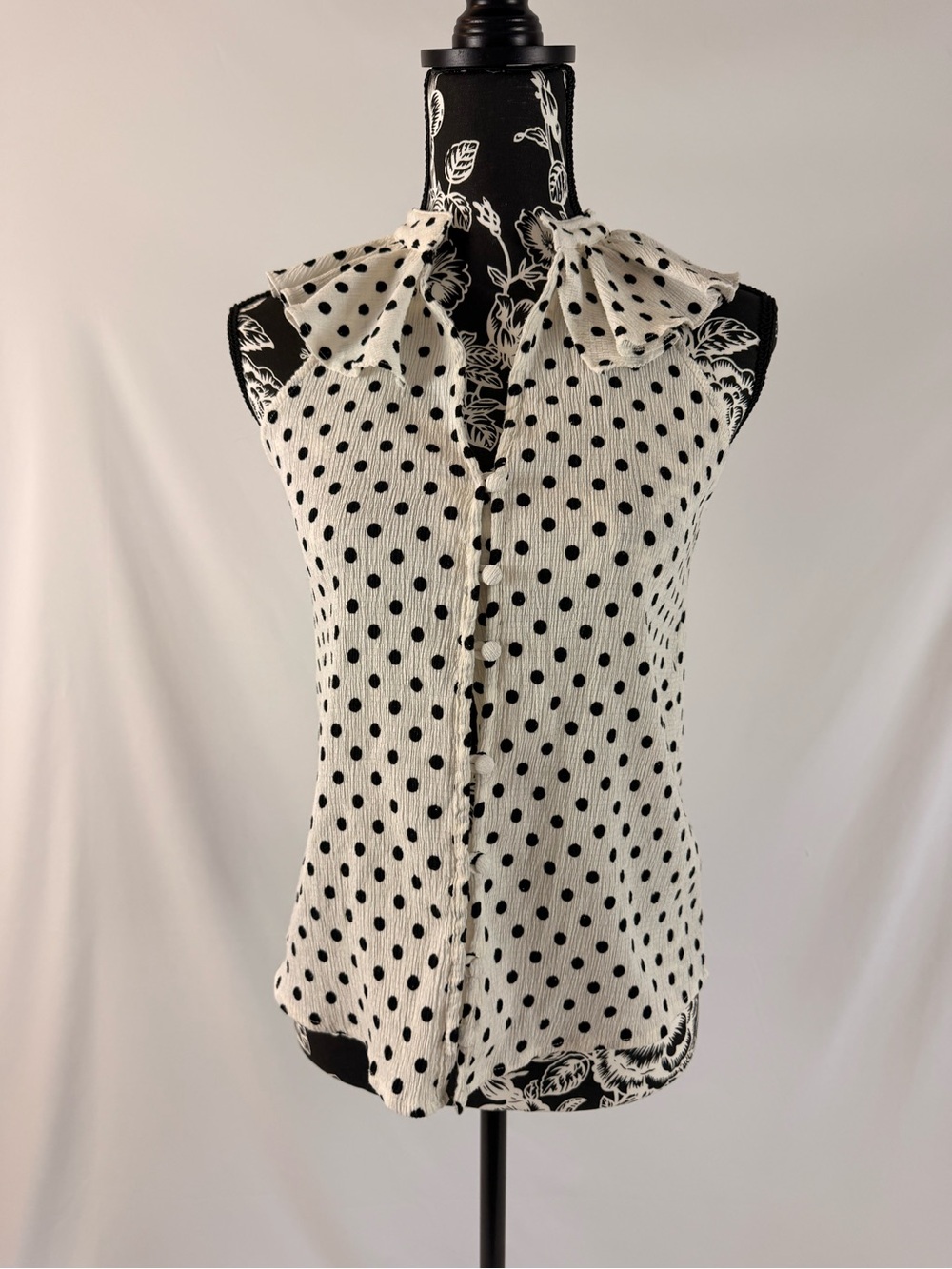Anthropologie Black and White Polka Dot Ruffle-Neck Sleeveless Blouse